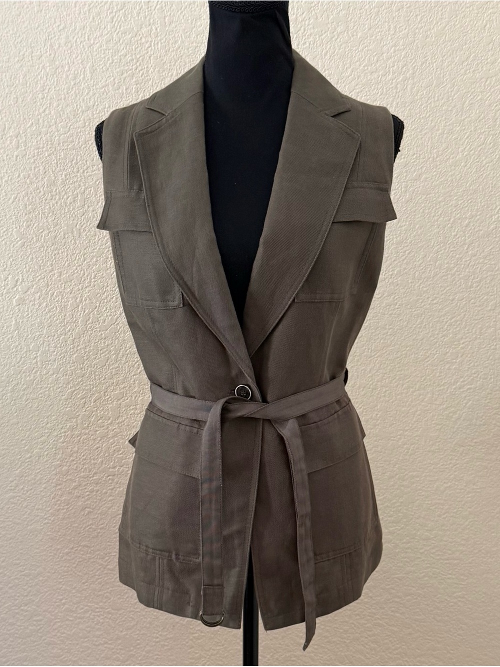 Banana Republic Linen Cotton Safari Utility Belted Vest Olive Green 6
